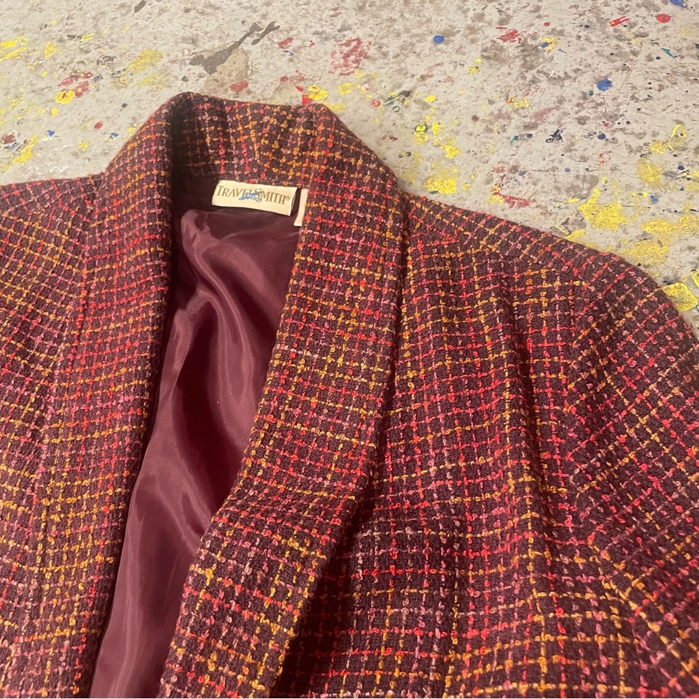Vintage 90s Tweed Blazer Burgundy Plaid Academic Jacket Small